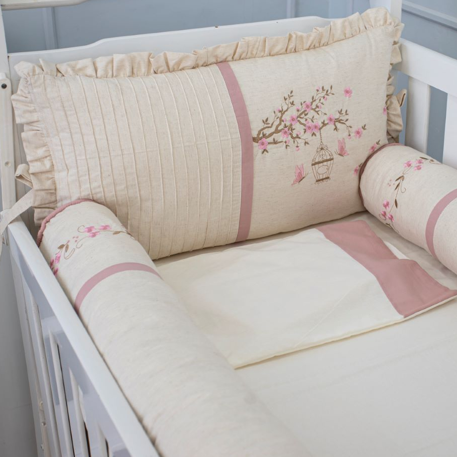 Kit Berço Linho  Luxo Bordado Americano 100% Algodão Menino Menina Enxoval de Bebe  5Pçs