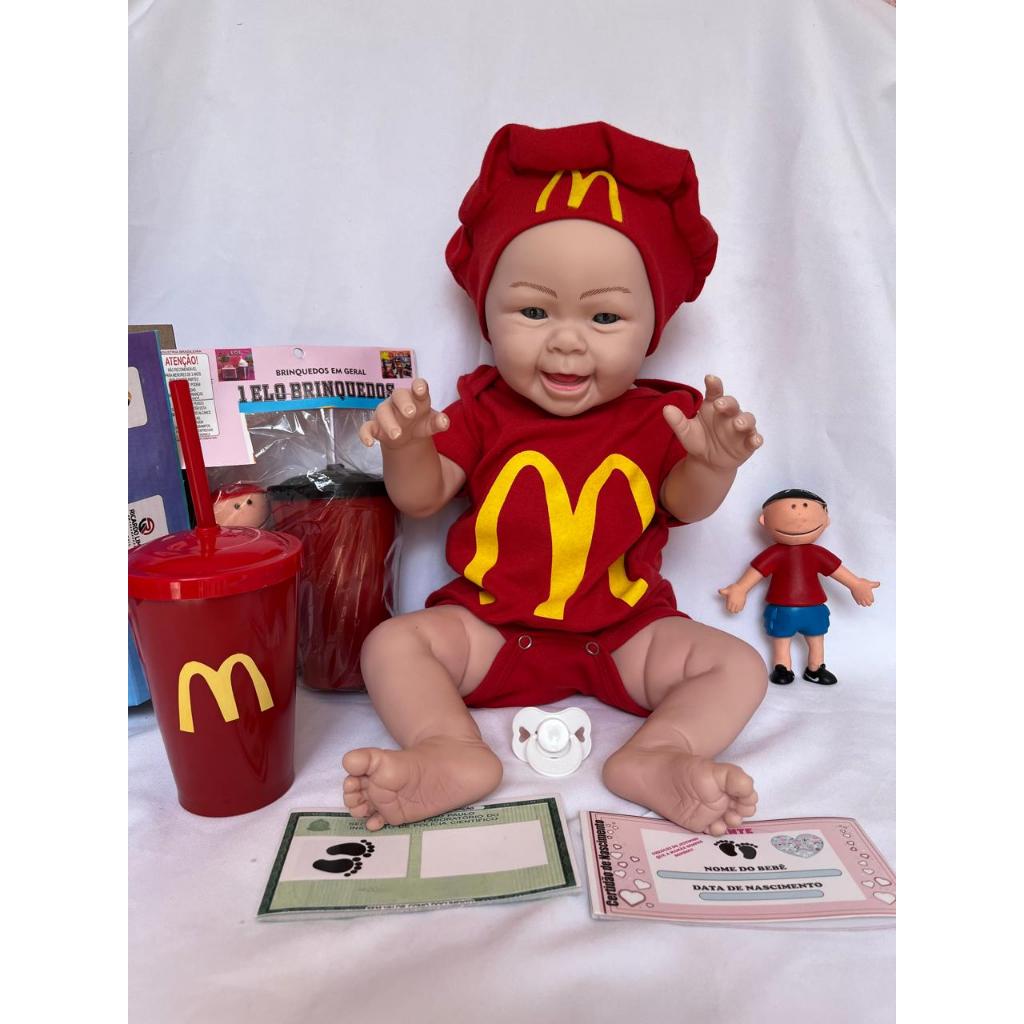 Kit Boneco Bebê Reborn Copo Mamadeira Bonequinho Mc Donalds RG Certidão de Nascimento Chupeta Roupinha Mc Donalds