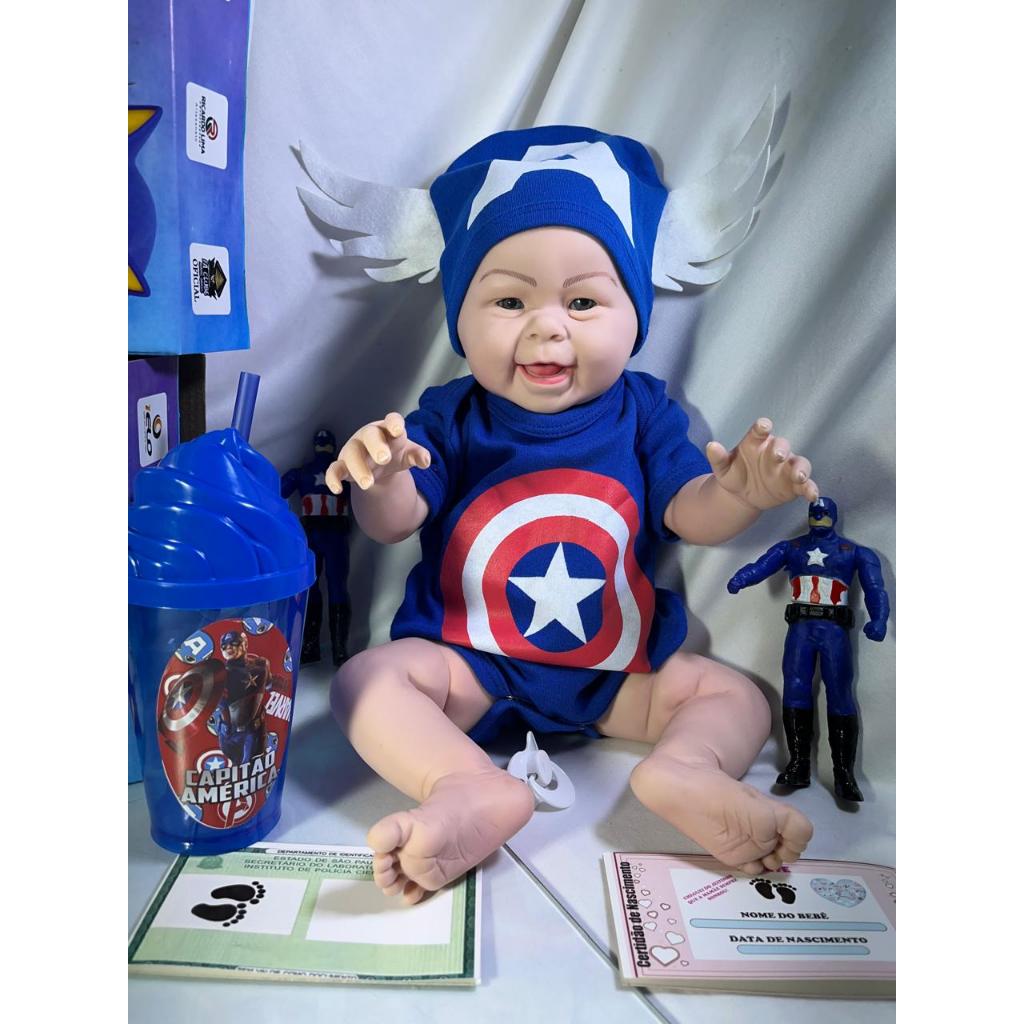 Kit Boneco Bebê Reborn Copo Mamadeira Bonequinho Capital América RG Certidão de Nascimento Chupeta Roupinha Capital Amér