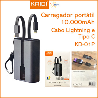 Bateria Portátil Power Bank com 2 cabos embutidos 10.000mAh KAIDI KD-01P em Oferta na Shopee