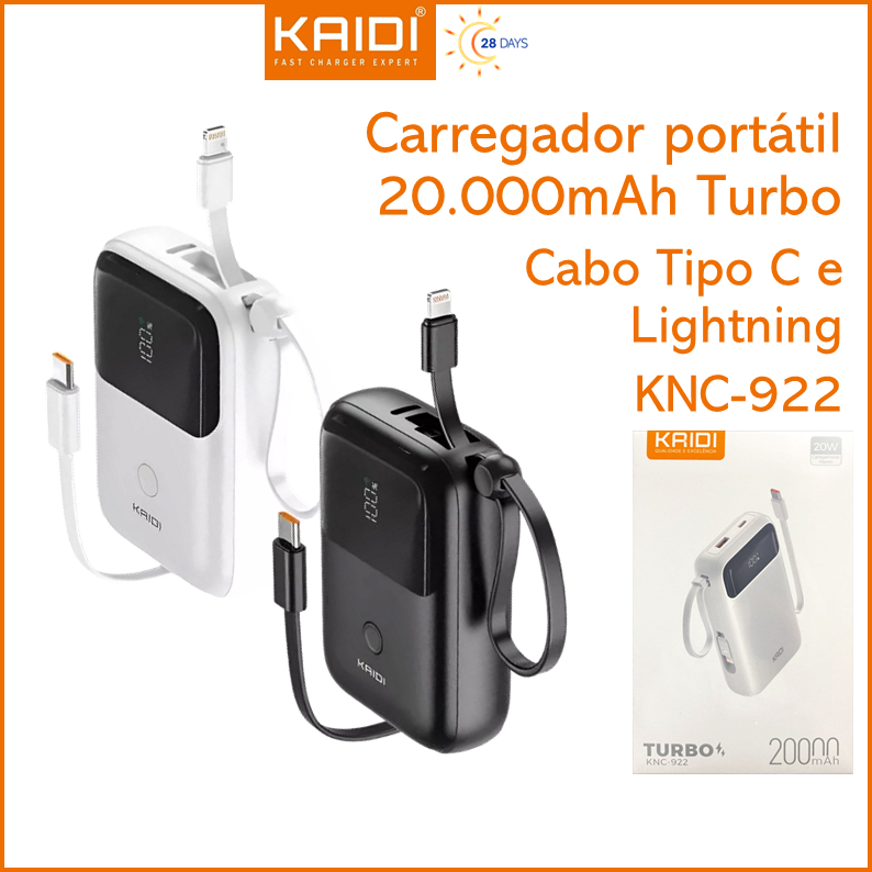 Bateria Portátil Power Bank Turbo com 2 cabos embutidos 20.000mAh KAIDI KNC-922 em Oferta na Shopee