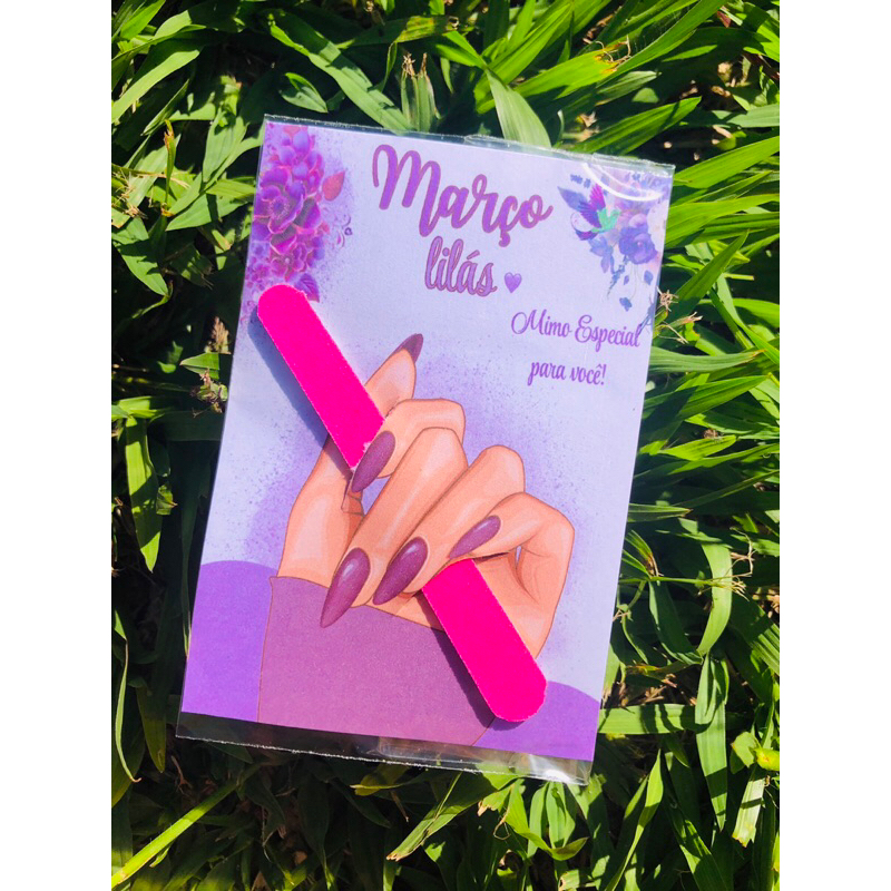 50 Cartão Março lilás com mini lixa de unha rosa em Oferta na Shopee