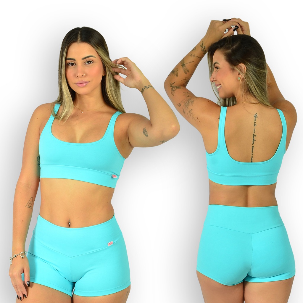 Conjunto Fitness Poliamida Suplex Academia Feminino Top Alça Shorts Curto Cós Alto Sem Transparência