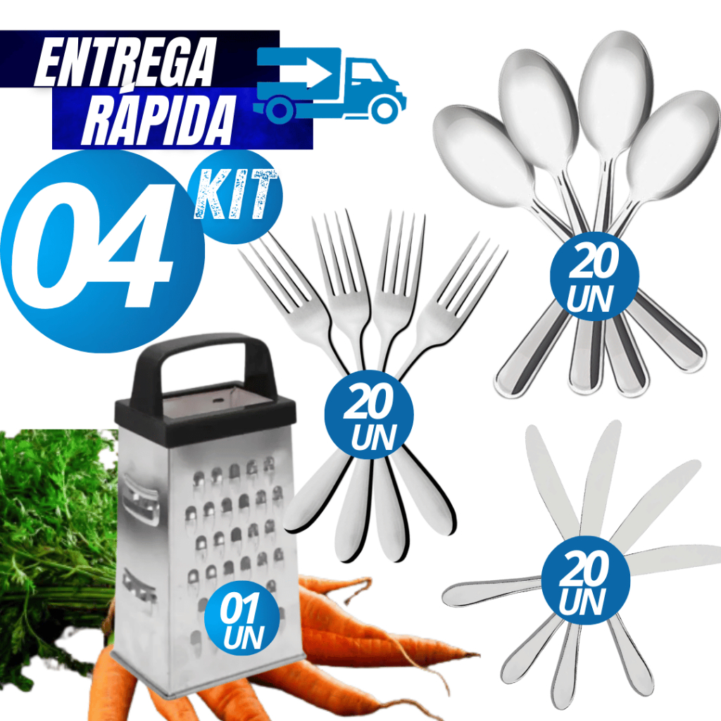 Conjunto Jogo Kit 04/02  Sendo  Colher + Garfo + Faca Talher Aço Inox Grande  Ralador Quatro faces Linha Premium
