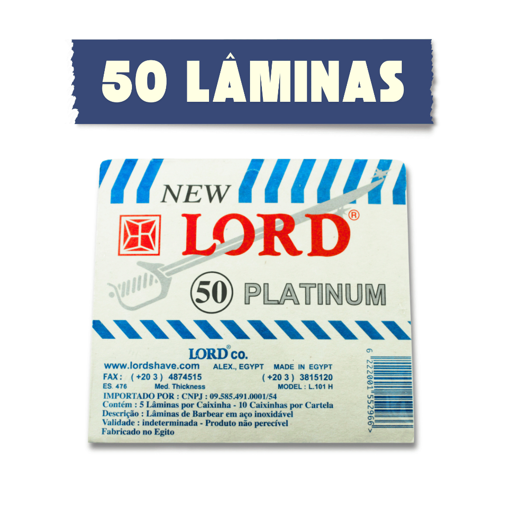 Lâminas de Barbear Lord New Platinum Branca 50 Unidades Aço Inoxidável Corte Preciso Suave e Durável