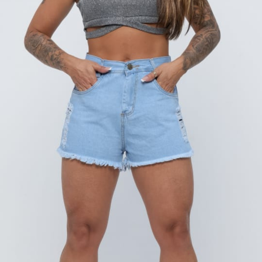 Short Feminino Jeans Cintura Alta 100% Algodão Short Empina Bumbum Cos Alto Destroyed