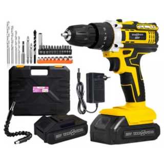 Furadeira Sem Fio e Parafusadeira de Impacto 21V com LED, 2 Baterias 32 acessórios Maleta