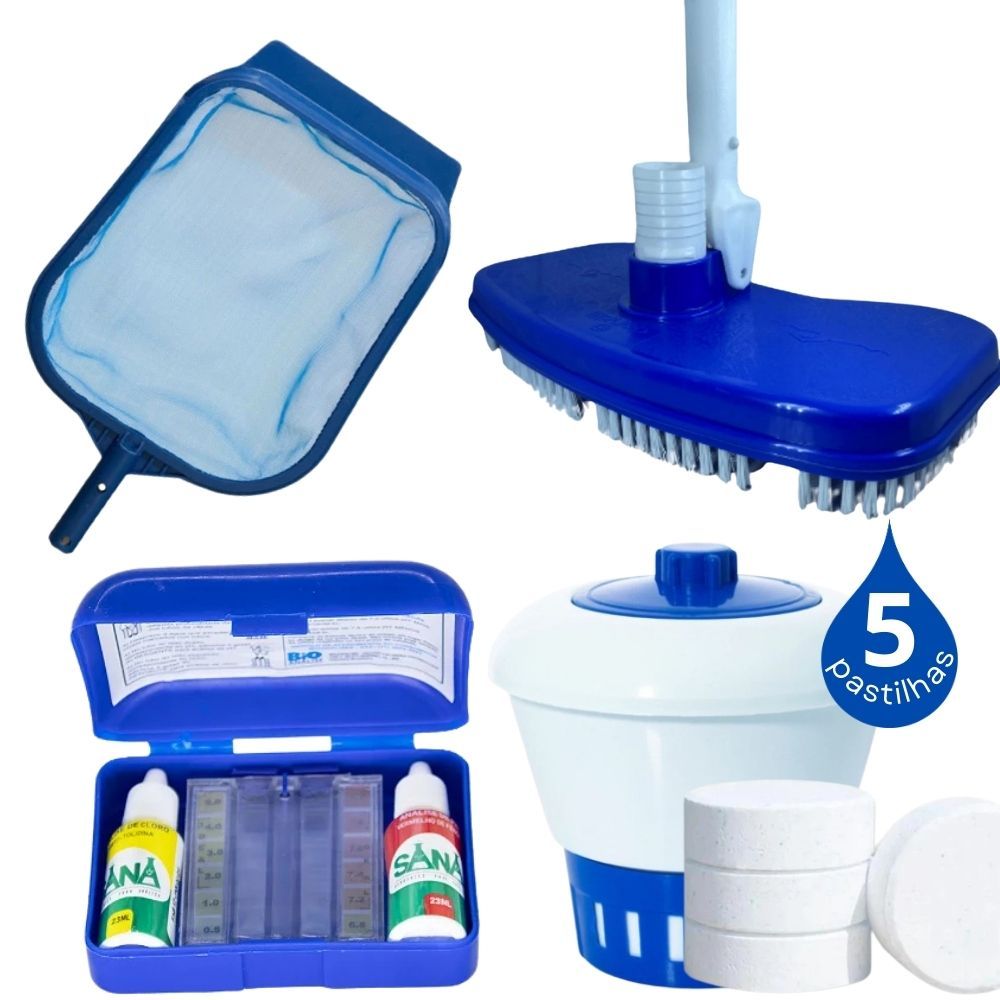 Kit para Piscina 1 Kg Cloro + Clorador + Estojo Teste + Aspirador Asa Delta + Peneira Grande