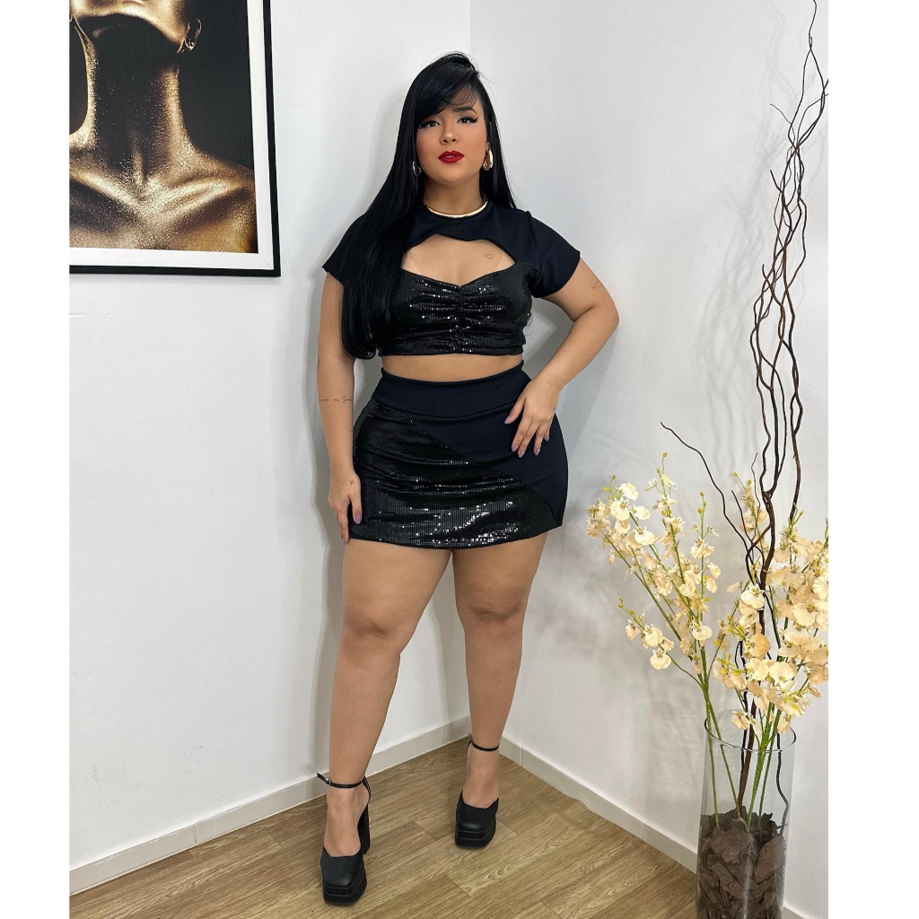 Conjuto Plus Size Paetê Cropped +Short Saia Tamanho Grande Estica