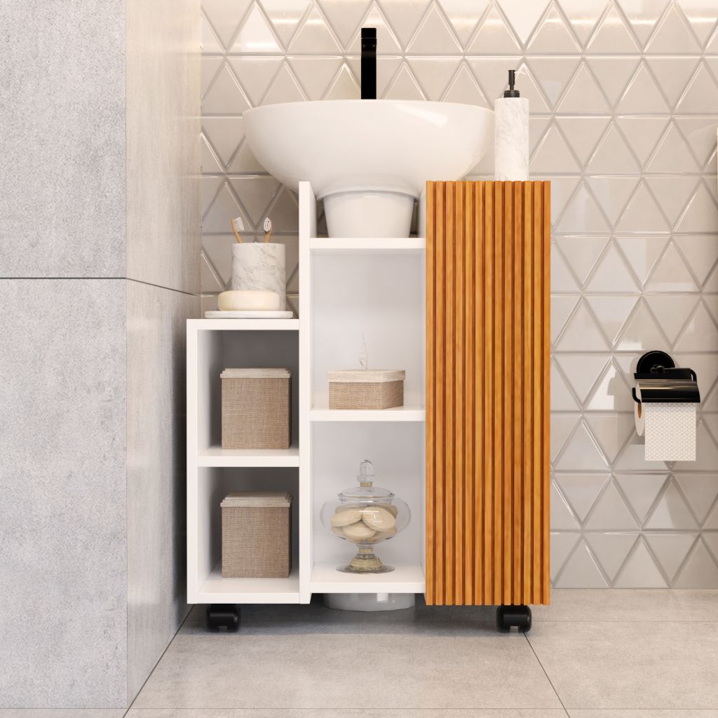 Gabinete Armário Pia De Coluna Para Banheiro Organizador Com Prateleira e Rodinha