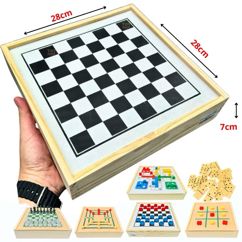 6 jogos em 1 - Trilha Madeira, Dama Madeira, Ludo Madeira, Jogo da Velha Madeira, Dominó Madeira