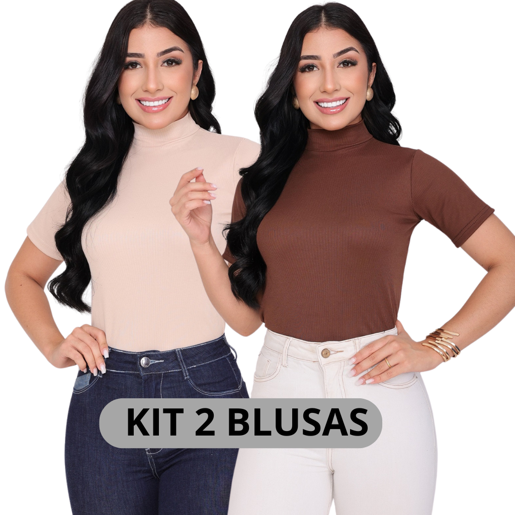 T-SHIRT FEMININA CANELADA KIT COM DUAS BLUSAS GOLA ALTA