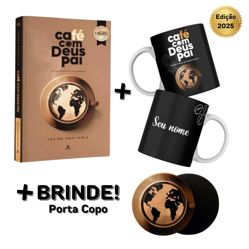 Kit Café com Deus Pai 2025 Livro Caneca exclusiva Porta Copo de Brinde
