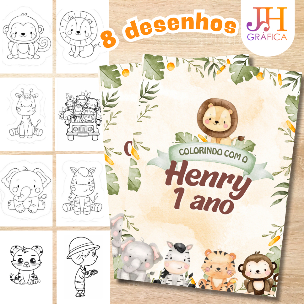 Livrinhos para colorir tema SAFARI personalizado com 8 desenhos, lembrancinha para aniversário I Tamanho 10x14cm