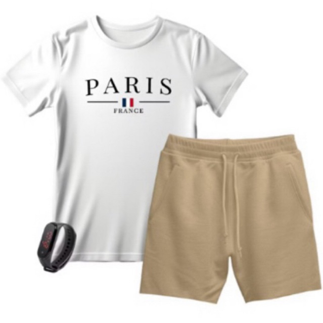 Conjunto infantil e juvenil estampado Paris algodão short com bolsos e relógio de brinde