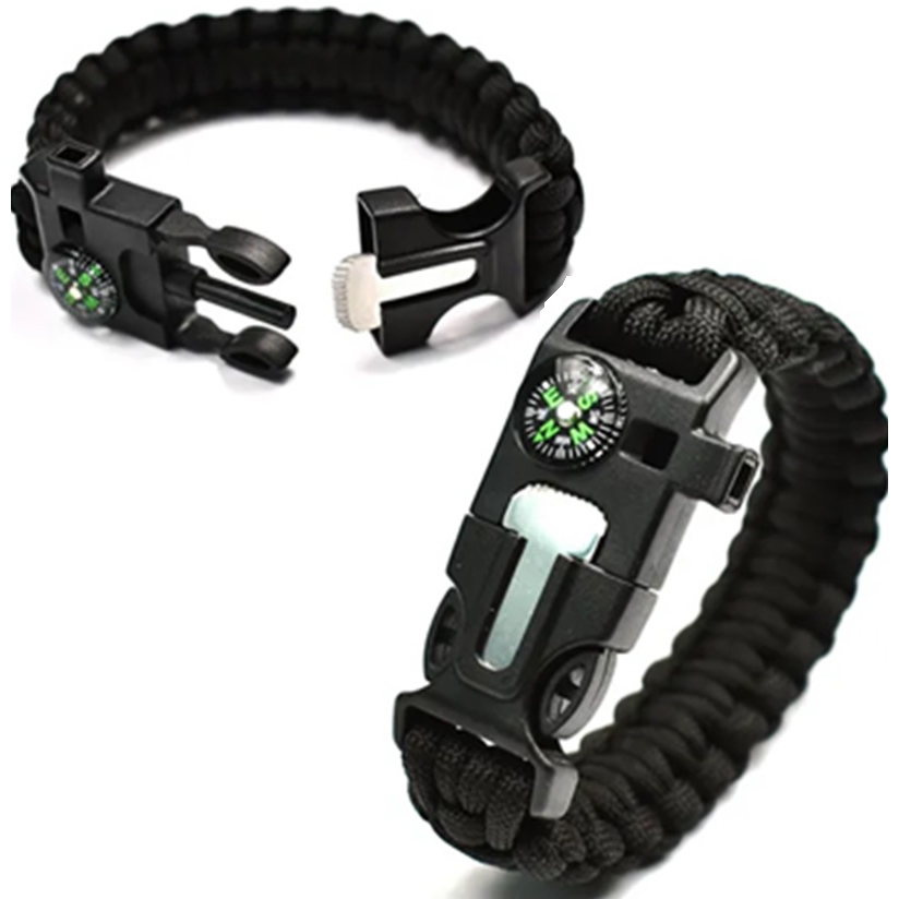 Pederneira Magnésio Bracelete Paracord Apito Bussola Sobrevivência