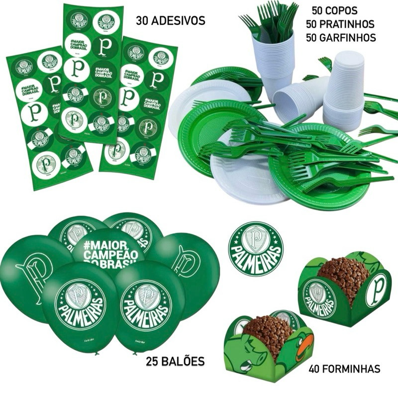 KIT FESTA PALMEIRAS 245 ITENS COPO + PRATO + GARFO + ADESIVO + FORMINHA + BALÃO FESTCOLOR em Oferta na Shopee
