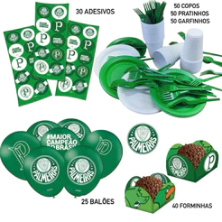 KIT FESTA PALMEIRAS 245 ITENS COPO + PRATO + GARFO + ADESIVO + FORMINHA + BALÃO FESTCOLOR (CHOCO)