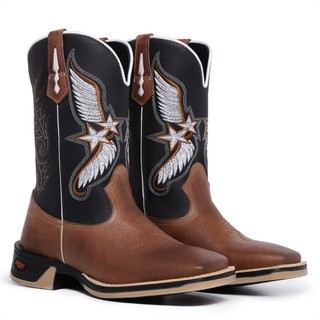 Texana Masculina Sola Jumper Reforçada Bico Quadrado Cano Medio Bordado Pegasus Bota Botina Butina