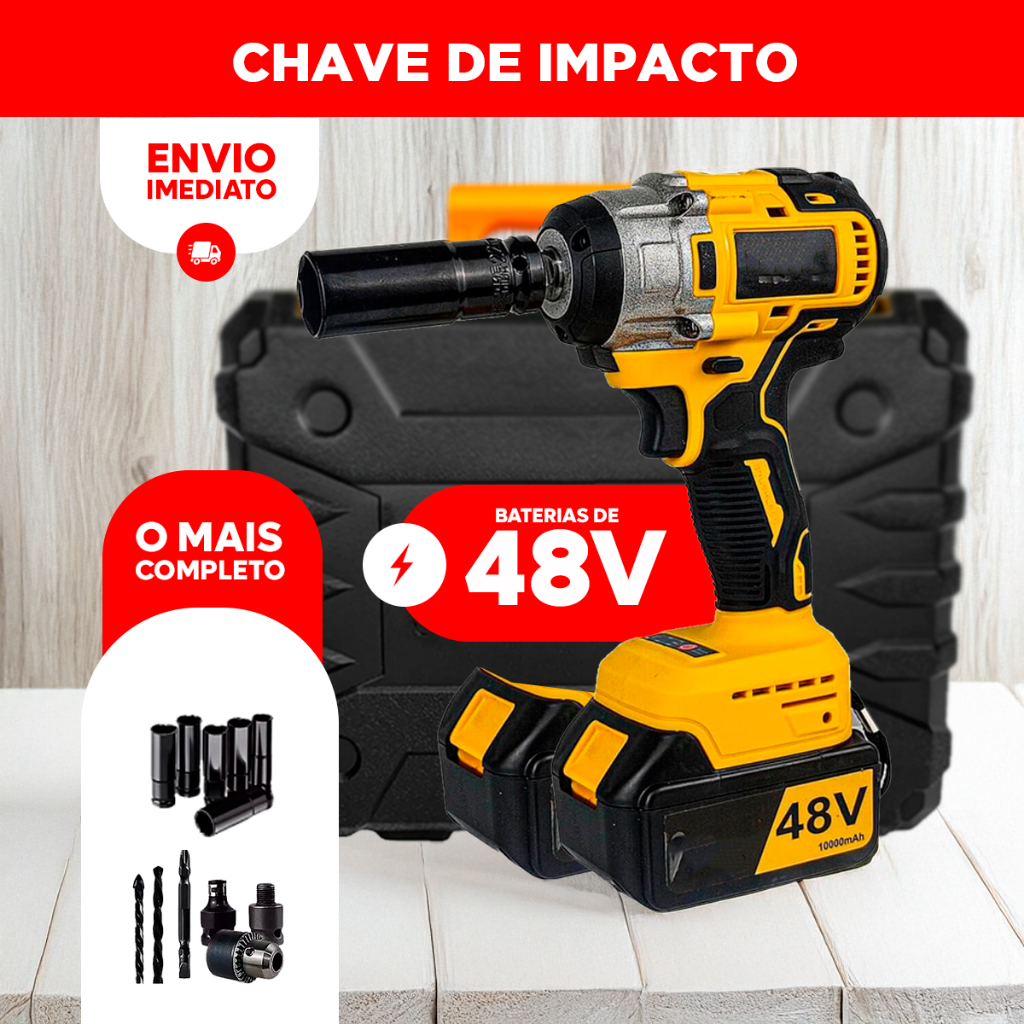 Chave de Impacto Pneumática 1/2" 48V Profissional Com 2 Baterias Recarregável Portátil Parafusadeira