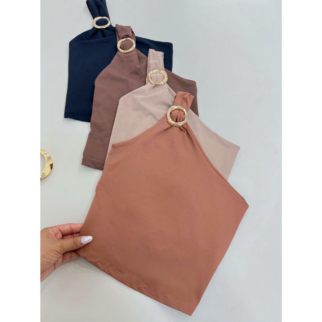 Blusa Feminina Nula Manga Argola Assimetrica Dourada Suplex Elegante Tendência Mula Manca