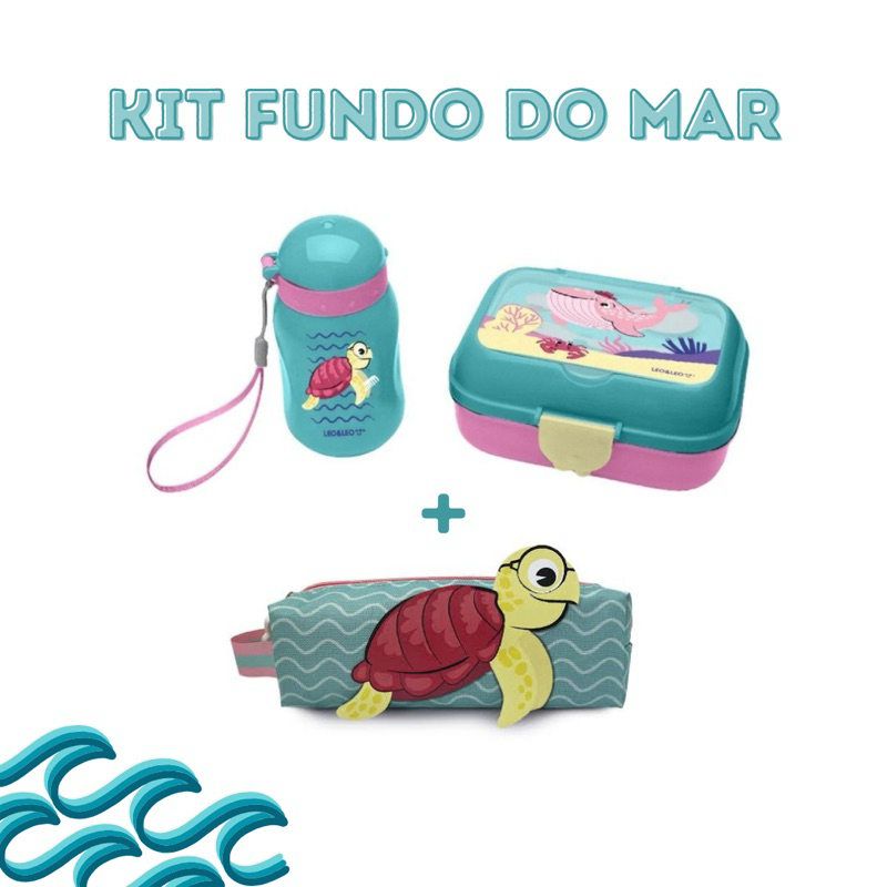 Kit Lanche Fundo Do Mar Garrafa Plástica 460mL + Marmita 700mL + talheres de plástico + Estojo - Leo&Leo