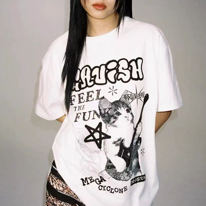 Camiseta de manga curta feminina American Cat Rock Guitar Graphic, moda coreana em Oferta na Shopee