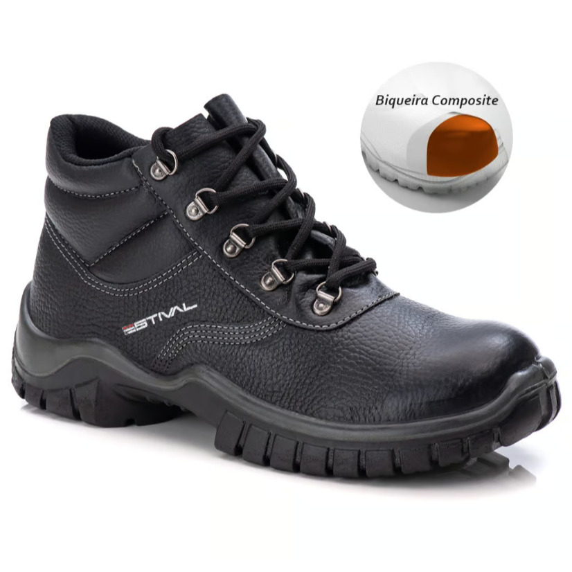 Bota Botina de Segurança Couro Legitimo Relax Preto WO10033S1 Bico Composite Cadarço Amarrar Estival Epi CA Resistente