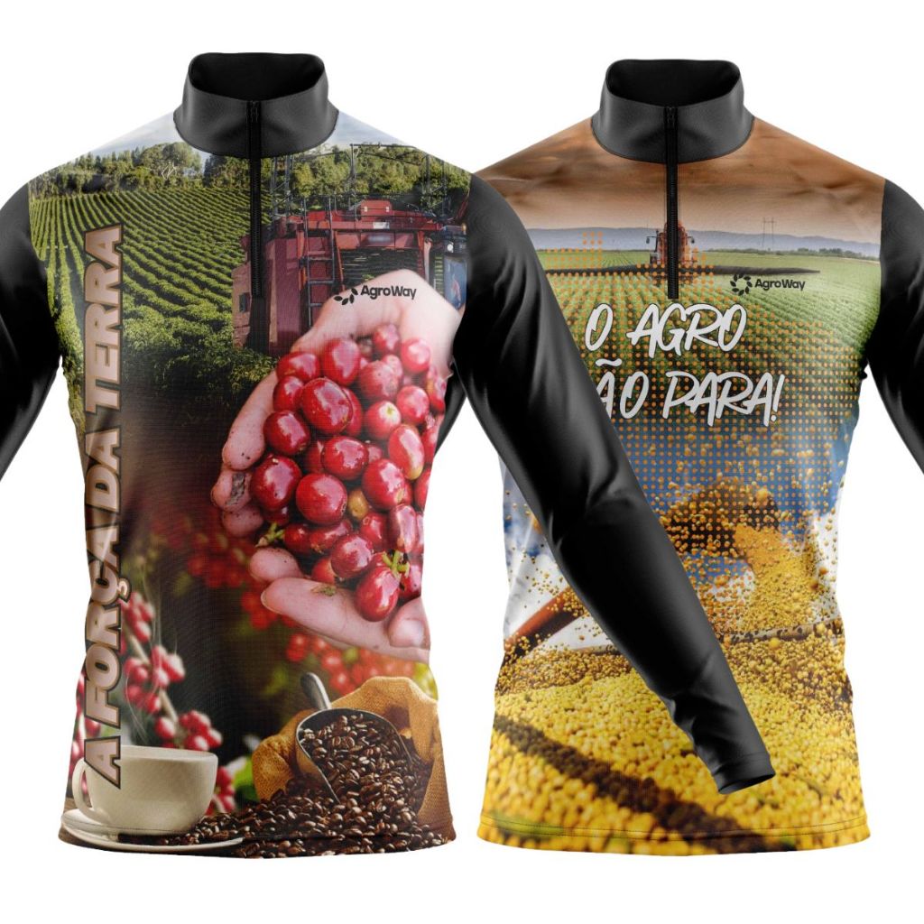 Kit 2 Camisa Camiseta Agro Manga Longa Zíper Plantação Soja Colheita Café Trabal