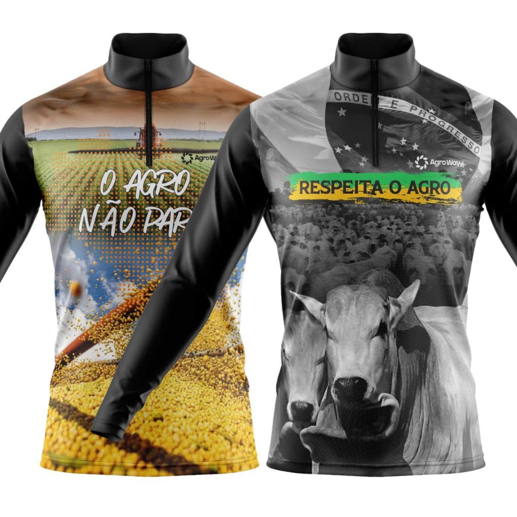 Kit 2 Camisa Camiseta Agro Manga Longa Zíper Trabalho Roça Campo Colheita Milharal Colheita Soja Plantação Café Brasil