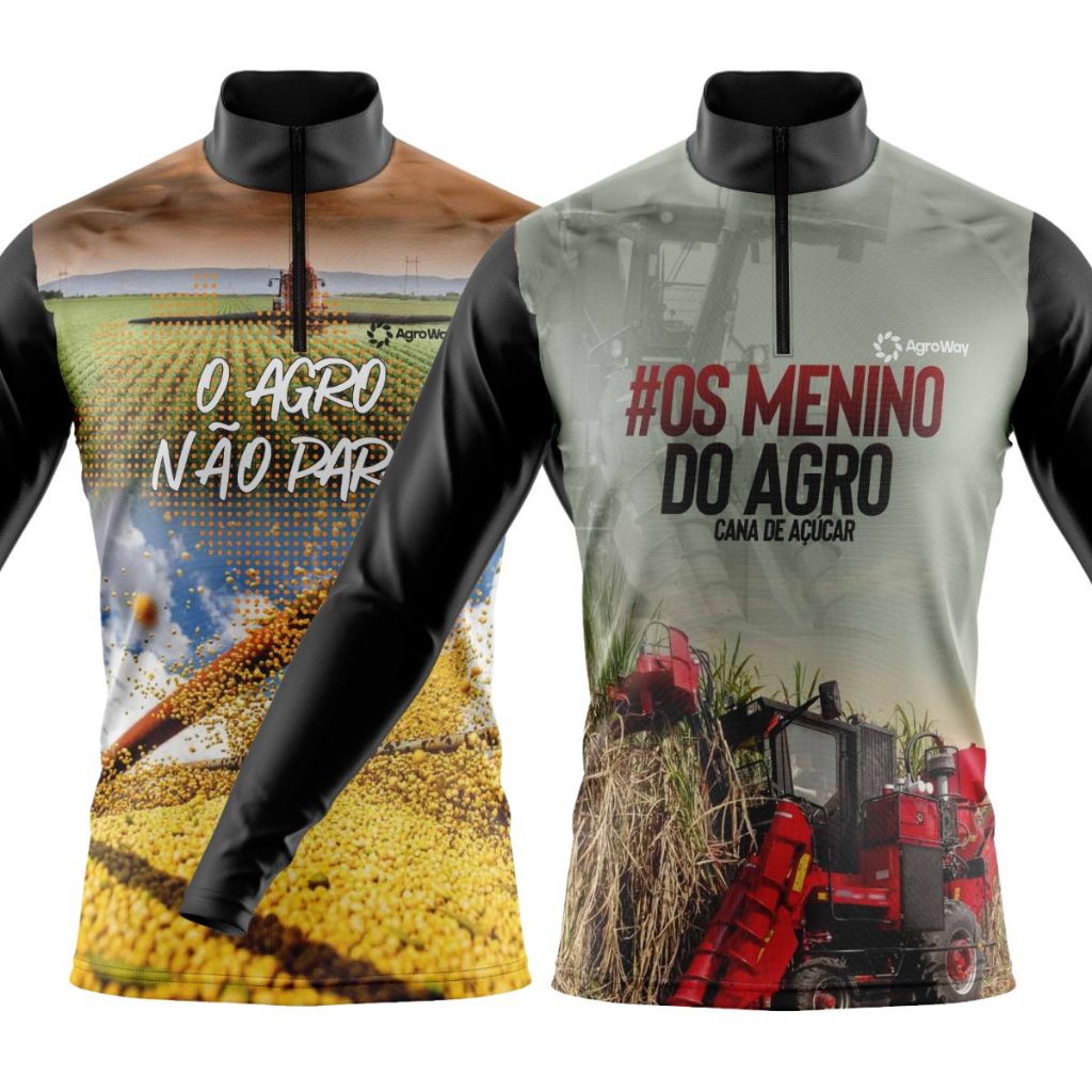 Kit 2 Camiseta Camisa Agro Manga Longa Zíper Plantação Soja Colheita Cana Açúcar