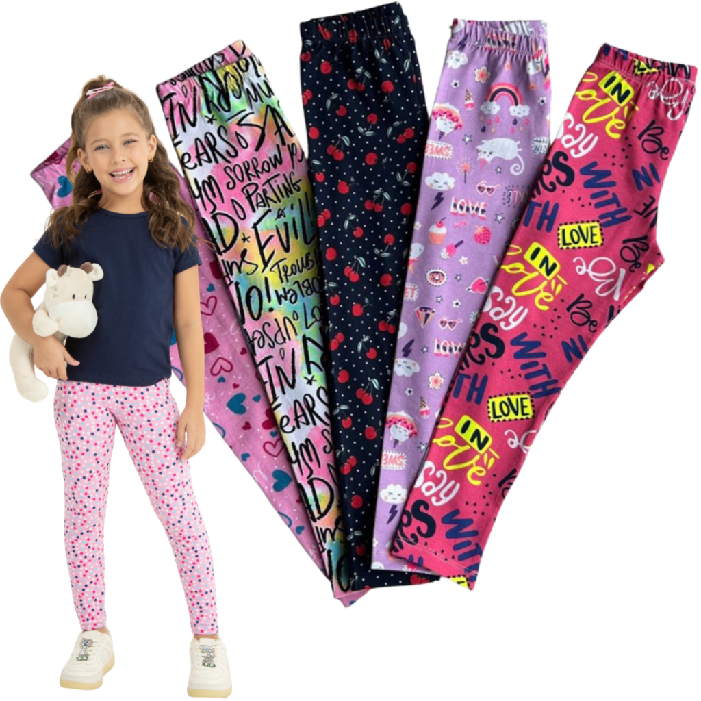 Kit 2 Calça Legging Cotton Estampada Sortido Infantil Juvenil Menina Tamanho 1 ao 16