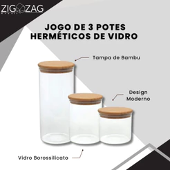 Jogo de 3 Potes Herméticos de Vidro com Tampa de Bambu | Perfeito para Armazenar Alimentos
