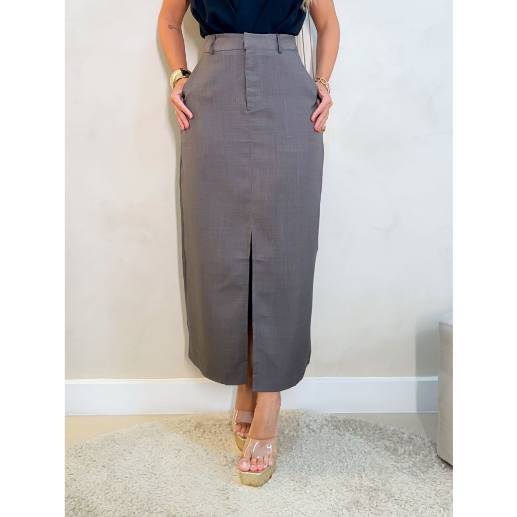 YY21438 Saia feminina francesa retrô cintura alta com fenda frontal, saia midi linha A em Oferta na Shopee