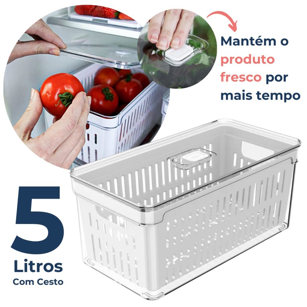 Organizador de Geladeira 5L Acrílico Com Cesto Drenagem para Alimentos Vegetais Cozinha Natural Ou - Home & Living