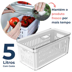 Organizador de Geladeira 5L Acrílico Com Cesto Drenagem para Alimentos Vegetais Cozinha Natural Ou