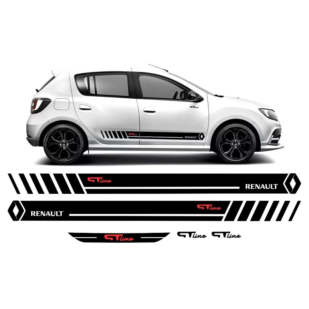 Kit 5 Adesivos Faixa Lateral Renault Sandero Gt LINE Sport A partir de 2005 Acessórios Tuning Personalizado RN68