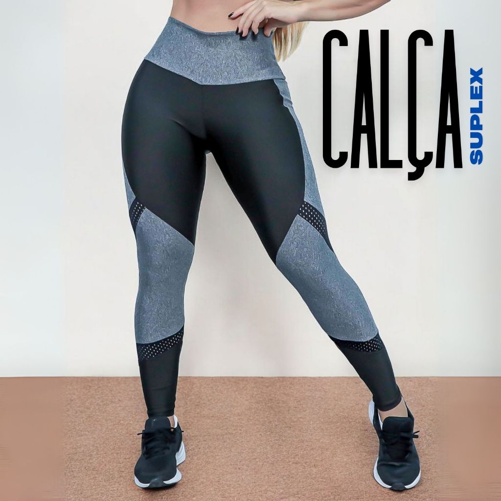 Calça Legging Fitness Suplex Modeladora Cós Alto Recortes em Tela para Academia Cós Alto Promoção