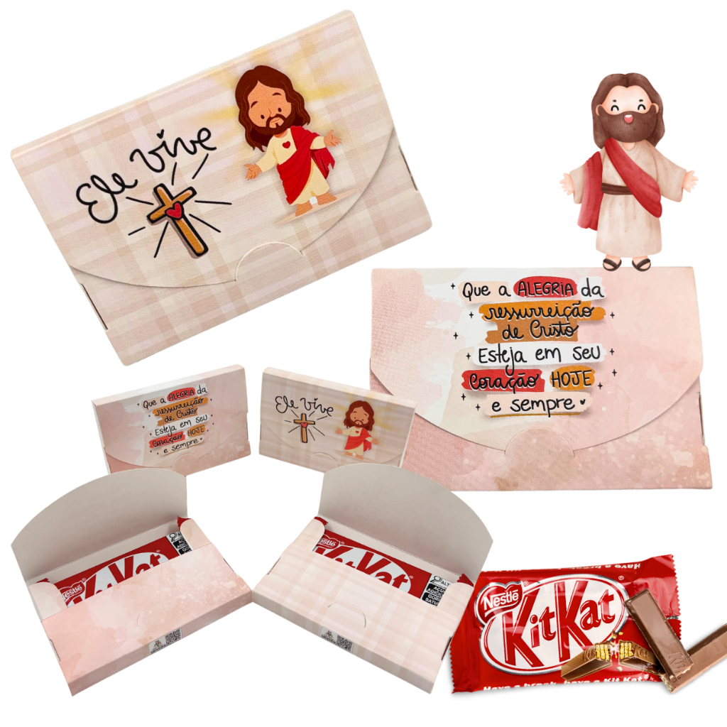 Kit 30 Caixas de Páscoa Cristã: 10 caixas Porta kitkat | 10 caixas porta bis | 10 caixas de 4 Doces