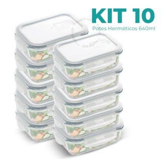 Kit 10 Potes  Hermético 640ml Vidro 4 Travas Marmita