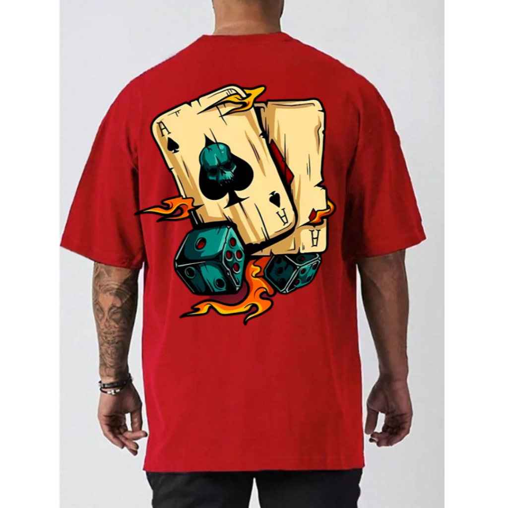 Camiseta Camisa Oversized Masculina Cartas Da Sorte Baralho Dado Caveira Camisa 100% Algodão Premium