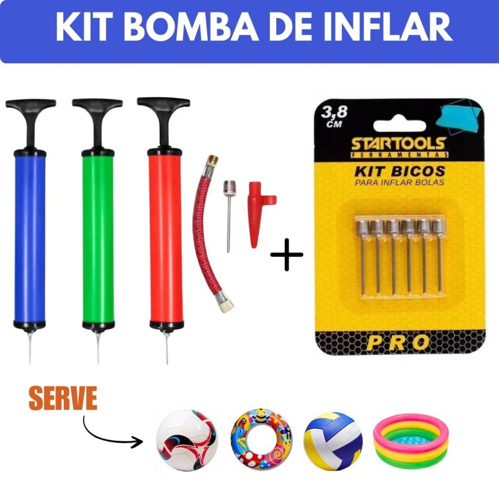 Kit Bomba de Ar + 5 Bicos de Metal para Encher Bola Futebol Vôlei Bico Encher Infláveis Boia Colete