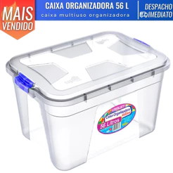 Caixa Cesto Organizadora Transparente C/ Tampa e Trava Proteção 56 L