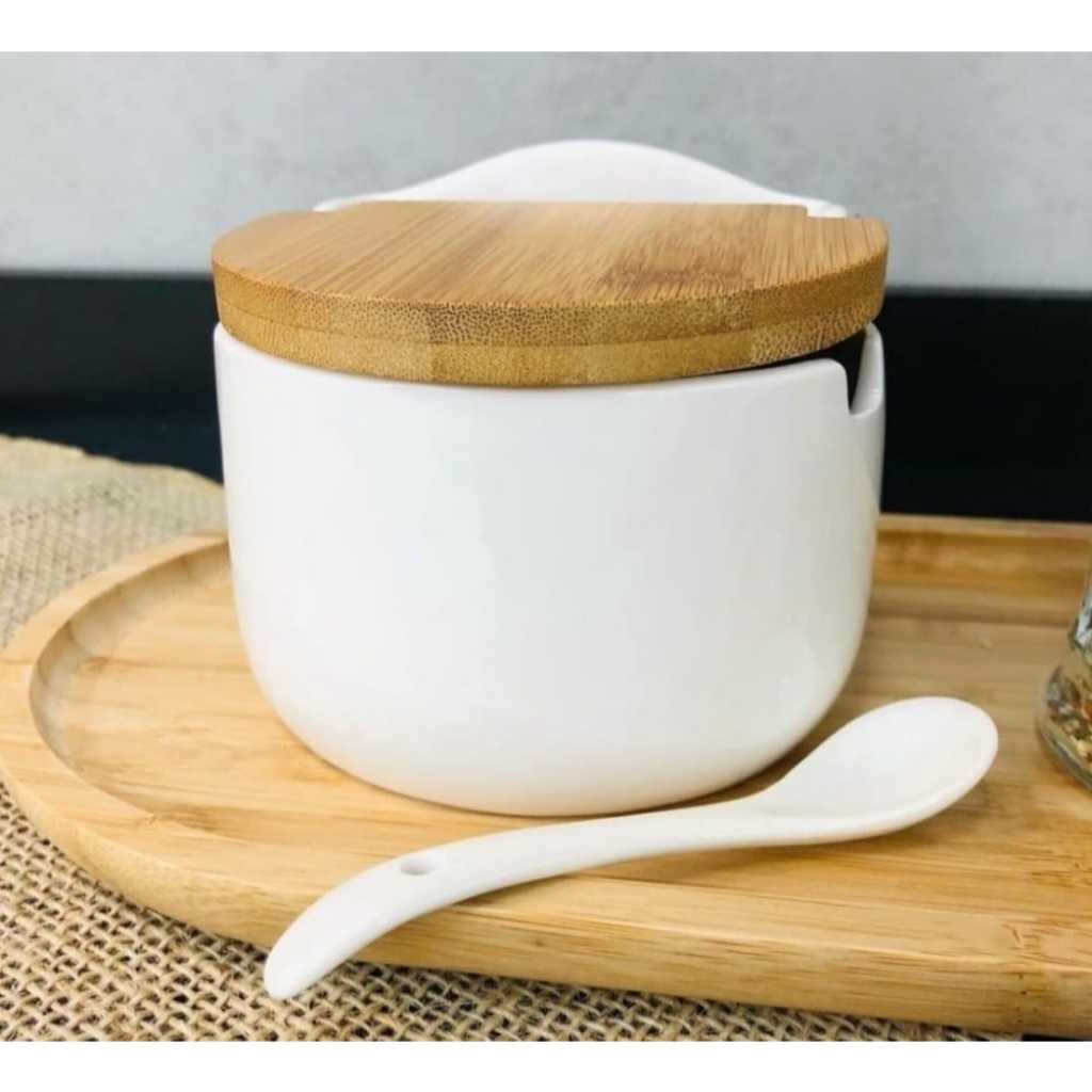 Saleiro Tampa de Bambu e Colher Cerâmica Ou Açucareiro de Mesa Cozinha Lyor Melhor — R$ 39,90 em Shopee, 55% OFF