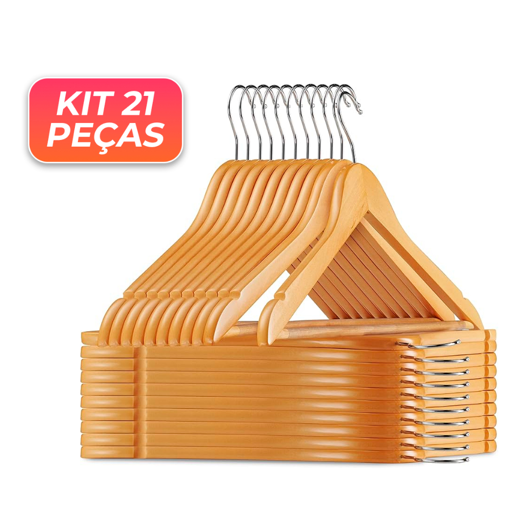Kit 21 Cabides De Madeira Premium Marfim Para Roupas Calça Gancho Cromado