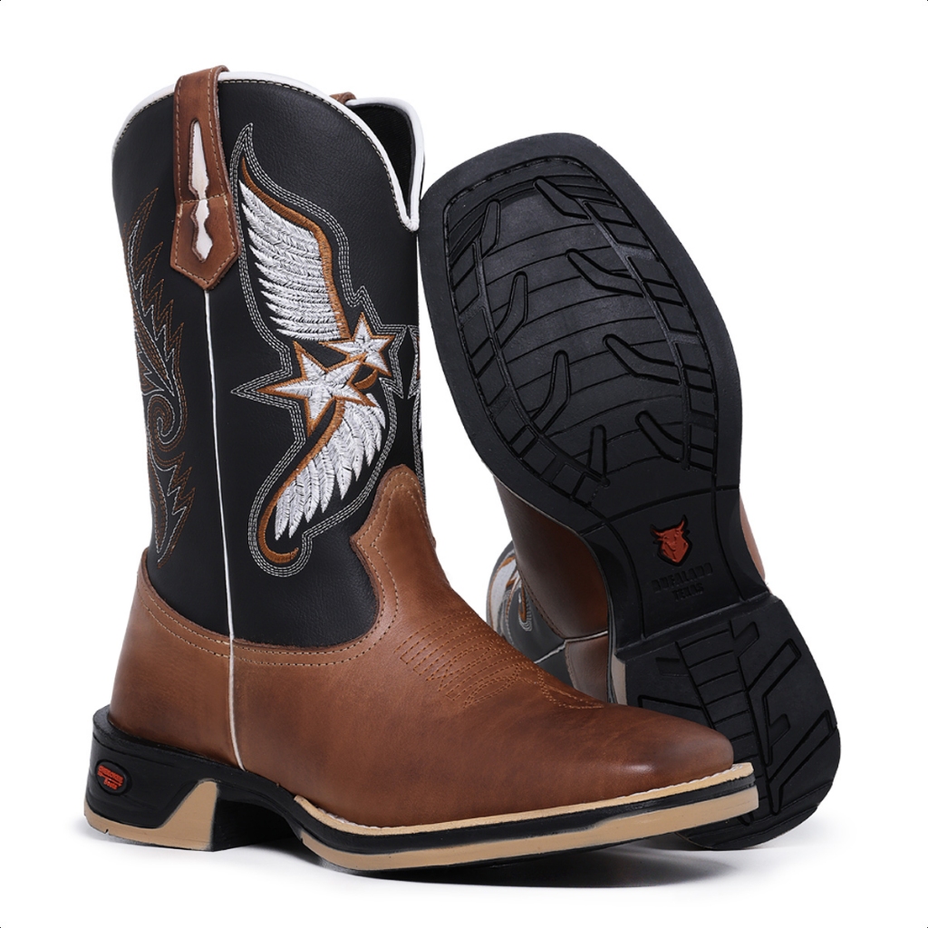 Texana Jumper Masculina Bico Quadrado Cano Medio Couro Bordado Bota Botina Butina Solado Reforçado