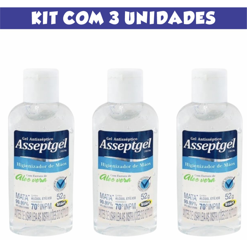 Álcool em Gel com Aloe Vera 52 Gramas Asseptgel Start - Kit com 3 unidades