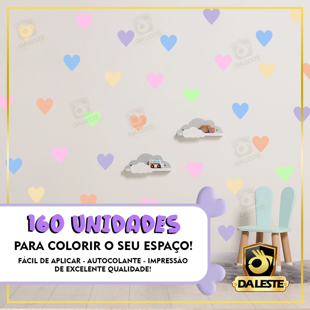 Cartela 160 Unidades de Corações Cores Pastel Adesivos Coloridos de Parede Infantil Quarto Sala Porta Móveis IMP