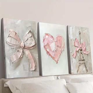 Quadro Decorativo corações e torres rosa feminino 3 peças em Oferta na Shopee