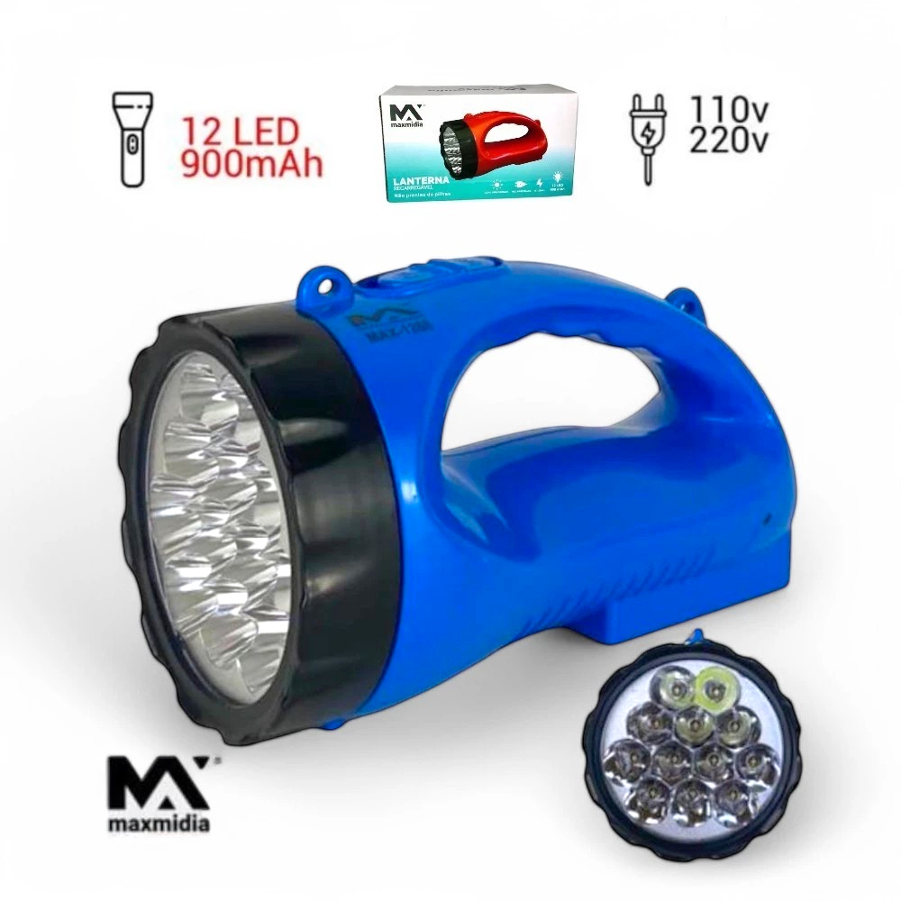 Lanterna Farolete Recarregável 12 Led Longo Alcance Bivolt 2 Estágios Maxmidia